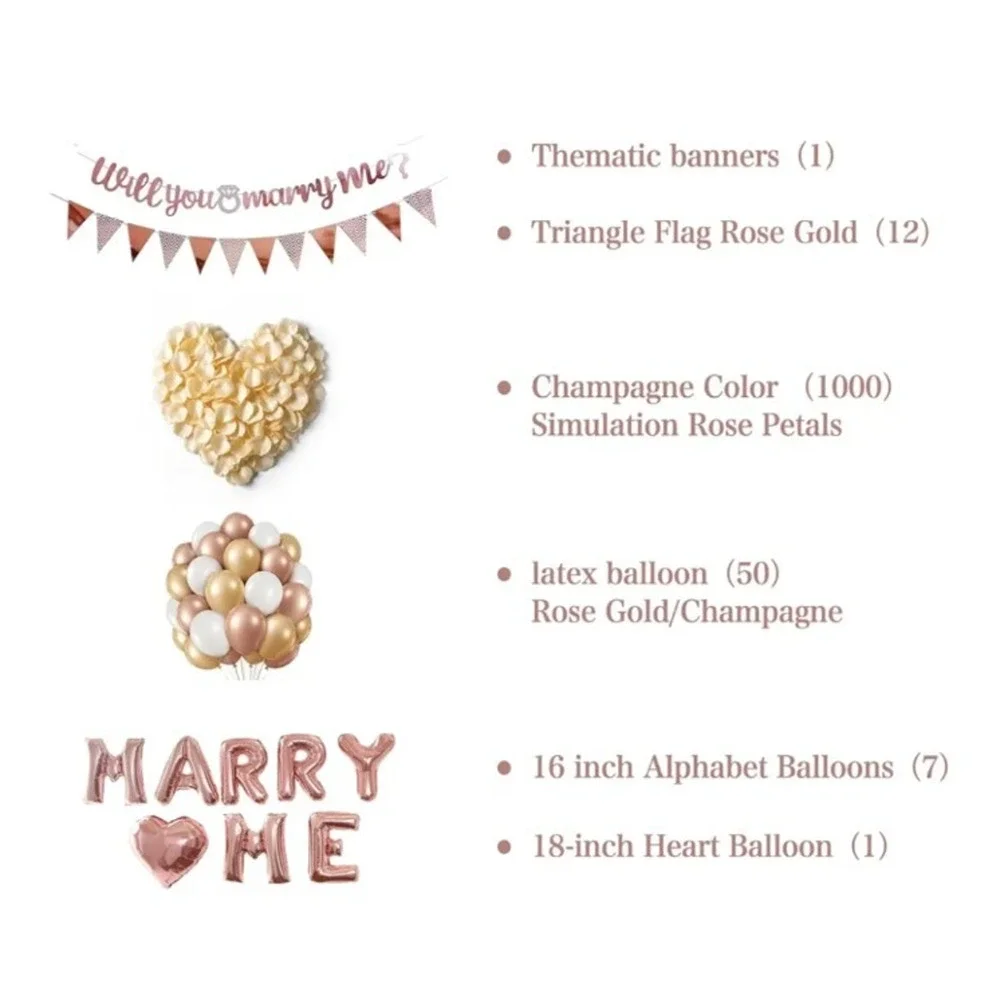 Romantic Proposal Set MARRY ME Balloon Rose Gold Champagne Faux Petals NIP